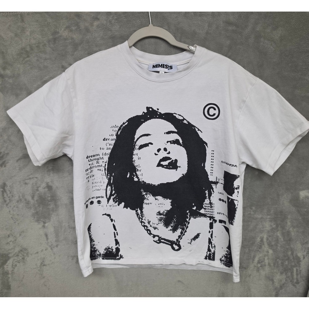 Indie Sleaze Graphic Boxy T-Shirt White Black Face Portrait Streetwear Womens M